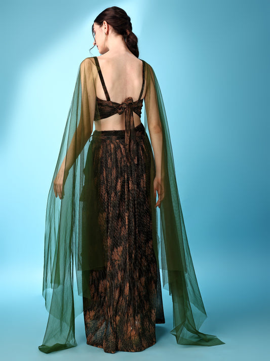 Rihana Olive Green Drape Skirt Set with Cape Sleeves