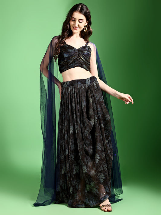 Rihana Navy Blue Drape Skirt Set with Cape Sleeves