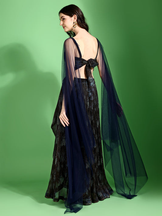 Rihana Navy Blue Drape Skirt Set with Cape Sleeves