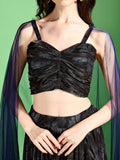 Rihana Navy Blue Drape Skirt Set with Cape Sleeves