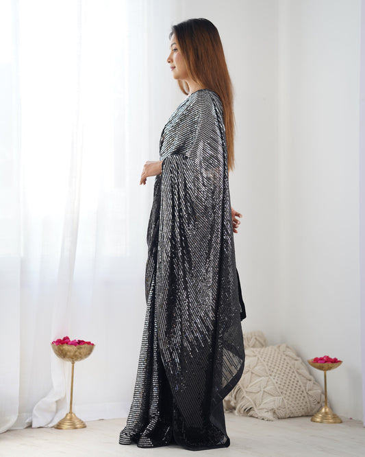 Silver & Black Designer Sequin Saree – Elegant Evening Partywear