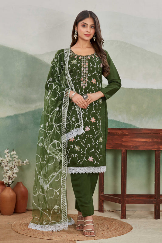Elegant Olive Green Embroidered Straight Suit Set with Dupatta
