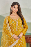 Mustard Yellow Embroidered Straight Suit Set with Net Dupatta