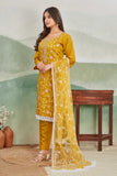 Mustard Yellow Embroidered Straight Suit Set with Net Dupatta