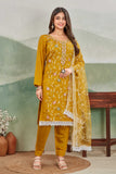 Mustard Yellow Embroidered Straight Suit Set with Net Dupatta