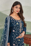 Teal Blue Embroidered Salwar Suit with Net Dupatta