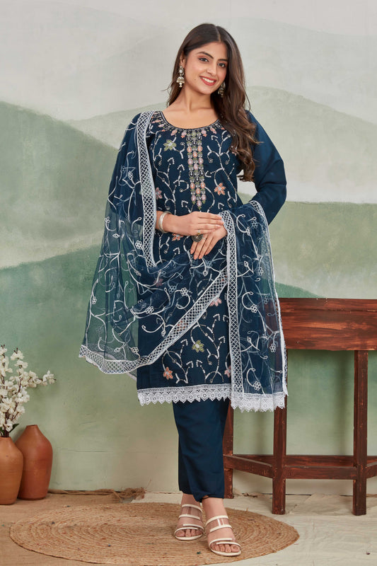 Teal Blue Embroidered Salwar Suit with Net Dupatta