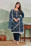 Teal Blue Embroidered Salwar Suit with Net Dupatta