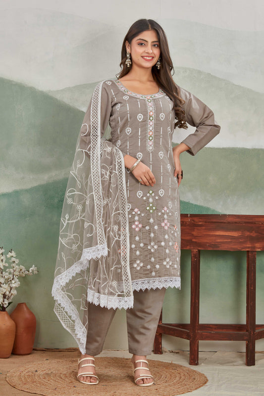 Taupe Embroidered Salwar Suit with Net Dupatt