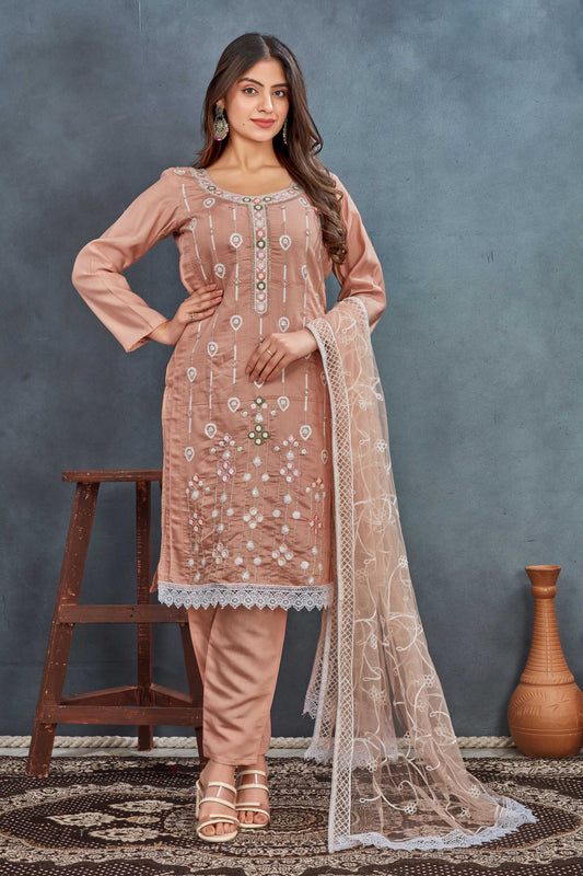 Dusty Rose Embroidered Salwar Suit with Net Dupatta