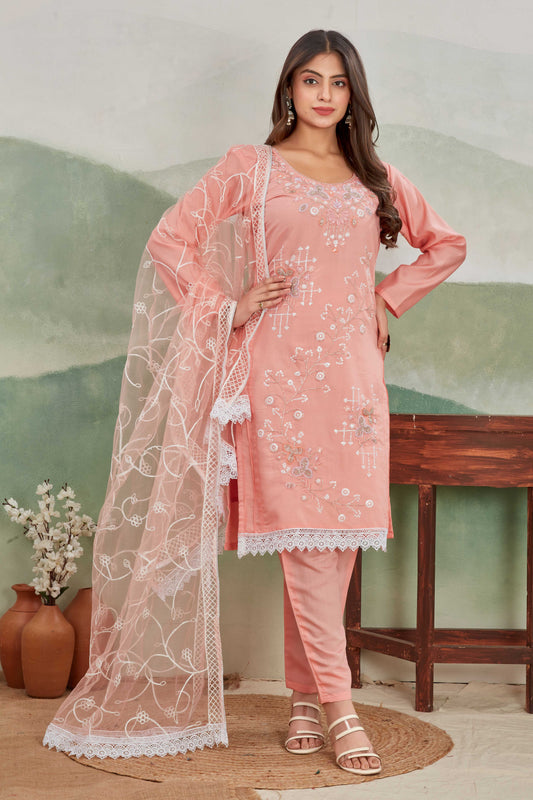 Peach Embroidered Salwar Suit with Net Dupatta