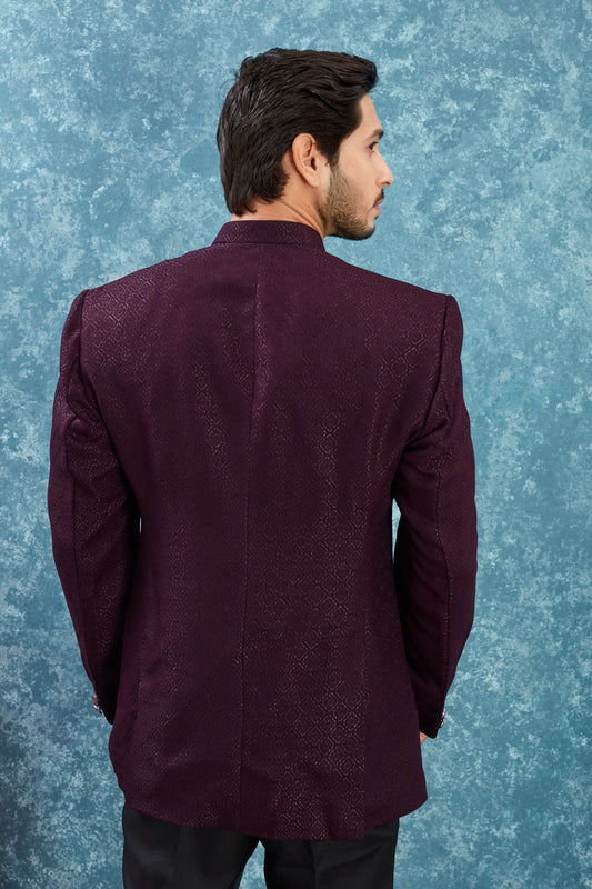 Men's Indian Ethnic Jacquard Silk Jodhpuri Coat Jacket Indo-Western Blazer with Mandarin Collar
