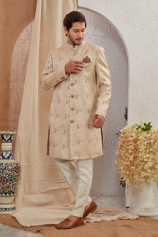 Men's Indian Designer Wedding Festive Wear Asymmetric Sherwani with White Churidar Pants