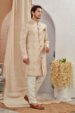 Men's Indian Designer Wedding Festive Wear Asymmetric Sherwani with White Churidar Pants