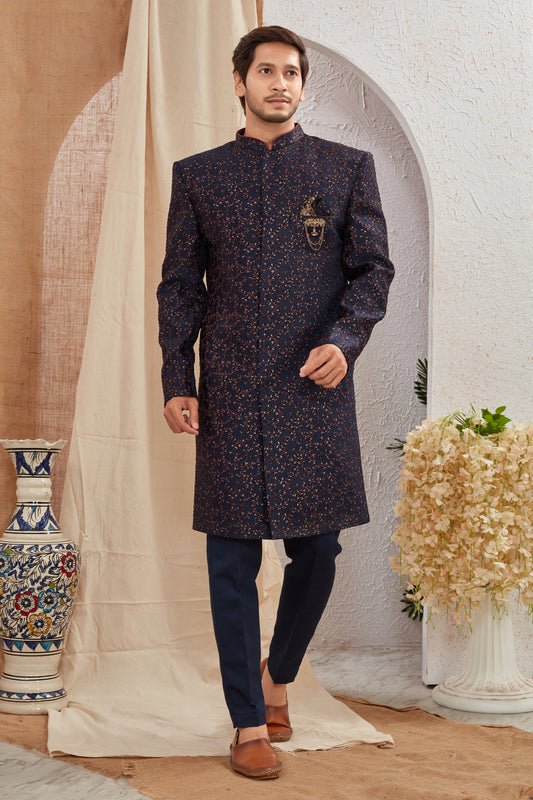 Men's Indian Designer Wedding Festive Wear Asymmetric Sherwani with Navy Blue Churidar Pants