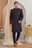 Men's Indian Designer Wedding Festive Wear Asymmetric Sherwani with Navy Blue Churidar Pants