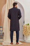 Men's Indian Designer Wedding Festive Wear Asymmetric Sherwani with Navy Blue Churidar Pants
