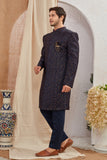 Men's Indian Designer Wedding Festive Wear Asymmetric Sherwani with Navy Blue Churidar Pants