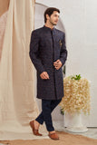 Men's Indian Designer Wedding Festive Wear Asymmetric Sherwani with Navy Blue Churidar Pants
