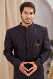 Men's Indian Designer Wedding Festive Wear Asymmetric Sherwani with Navy Blue Churidar Pants