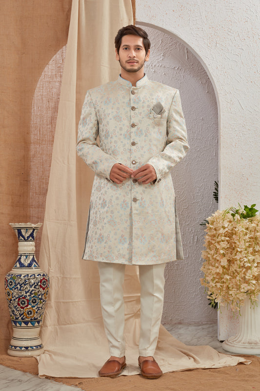 Men's Indian Designer Wedding Festive Wear Asymmetric Sherwani with White Churidar Pants