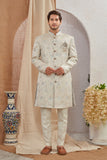 Men's Indian Designer Wedding Festive Wear Asymmetric Sherwani with White Churidar Pants