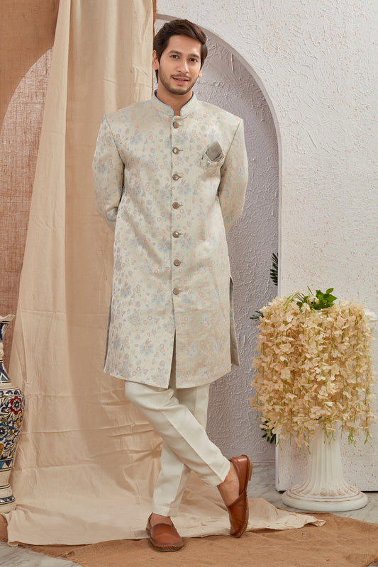 Men's Indian Designer Wedding Festive Wear Asymmetric Sherwani with White Churidar Pants
