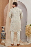 Men's Indian Designer Wedding Festive Wear Asymmetric Sherwani with White Churidar Pants