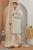 Men's Indian Designer Wedding Festive Wear Asymmetric Sherwani with White Churidar Pants