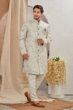 Men's Indian Designer Wedding Festive Wear Asymmetric Sherwani with White Churidar Pants