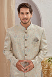 Men's Indian Designer Wedding Festive Wear Asymmetric Sherwani with White Churidar Pants