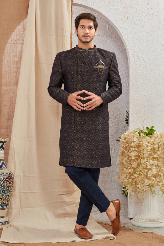 Men's Indian Designer Wedding Festive Wear Asymmetric Sherwani with Navy Blue Churidar Pants