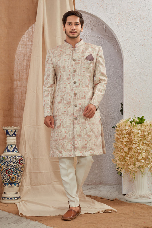 Men's Indian Designer Wedding Festive Wear Asymmetric Sherwani with White Churidar Pants