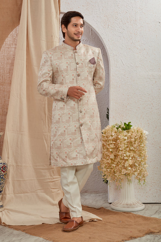 Men's Indian Designer Wedding Festive Wear Asymmetric Sherwani with White Churidar Pants