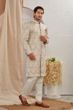Men's Indian Designer Wedding Festive Wear Asymmetric Sherwani with White Churidar Pants