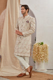 Men's Indian Designer Wedding Festive Wear Asymmetric Sherwani with White Churidar Pants