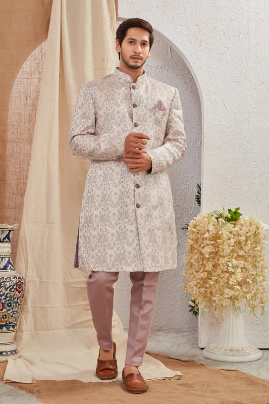 Men's Indian Designer Wedding Festive Wear Asymmetric Sherwani with White Churidar Pants
