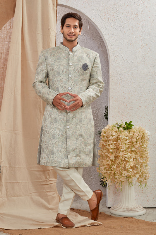 Men's Indian Designer Wedding Festive Wear Asymmetric Sherwani with White Churidar Pants