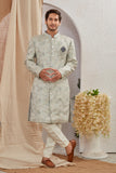 Men's Indian Designer Wedding Festive Wear Asymmetric Sherwani with White Churidar Pants