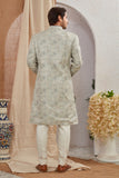 Men's Indian Designer Wedding Festive Wear Asymmetric Sherwani with White Churidar Pants