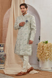 Men's Indian Designer Wedding Festive Wear Asymmetric Sherwani with White Churidar Pants