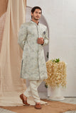 Men's Indian Designer Wedding Festive Wear Asymmetric Sherwani with White Churidar Pants