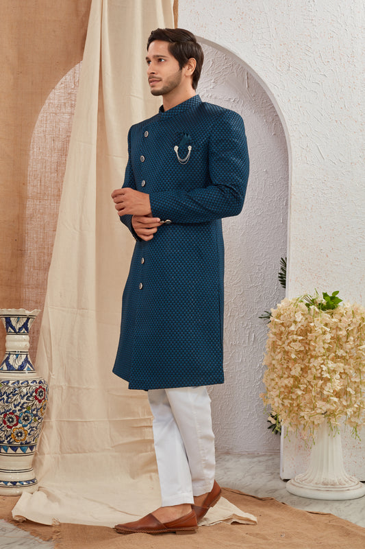 Men's Indian Designer Wedding Festive Wear Asymmetric Sherwani with White Churidar Pants