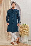 Men's Indian Designer Wedding Festive Wear Asymmetric Sherwani with White Churidar Pants