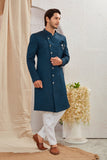 Men's Indian Designer Wedding Festive Wear Asymmetric Sherwani with White Churidar Pants