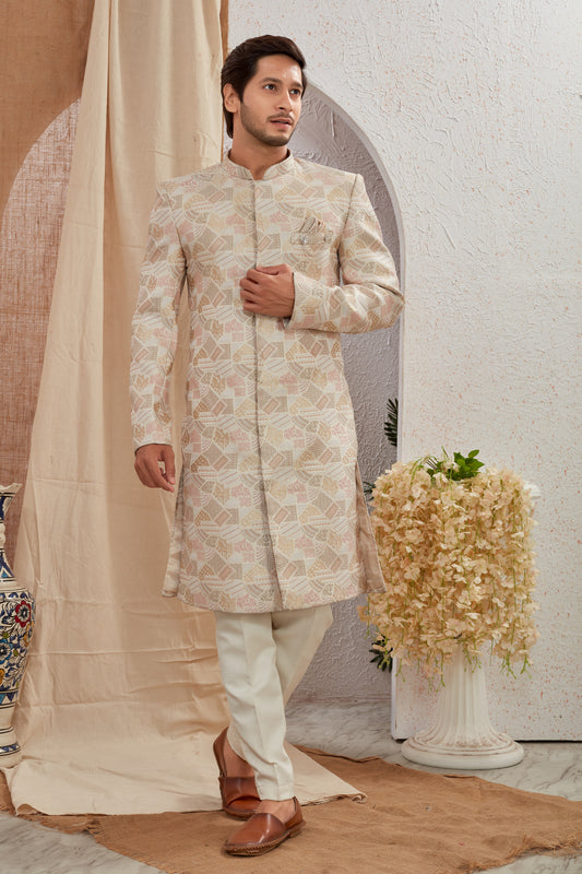 Men's Indian Designer Wedding Festive Wear Asymmetric Sherwani with White Churidar Pants