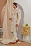 Men's Indian Designer Wedding Festive Wear Asymmetric Sherwani with White Churidar Pants