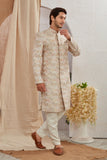 Men's Indian Designer Wedding Festive Wear Asymmetric Sherwani with White Churidar Pants