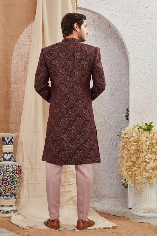 Men's Indian Designer Wedding Festive Wear Asymmetric Sherwani with White Churidar Pants