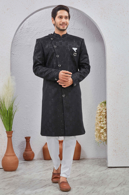 Men's Indian Designer Wedding Festive Wear Asymmetric Sherwani with White Churidar Pants